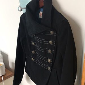 Short black medium weight winter jacket with fantastic brass button detail.